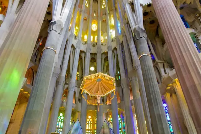 Sagrada Familia interior with stained glass light